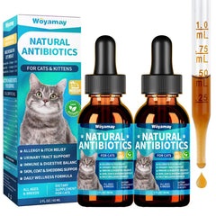 Flacon Woyamay antibiotiques naturels pour chats, soutien immunitaire potentiel et bien-être général.