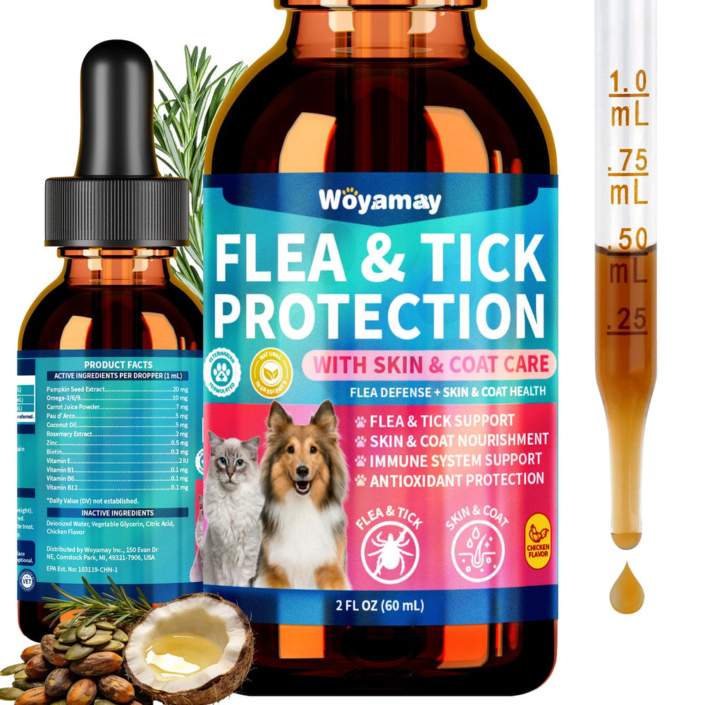 Woyamay defense puces et tiques - bouteille avec pipette, prévention naturelle des parasites.