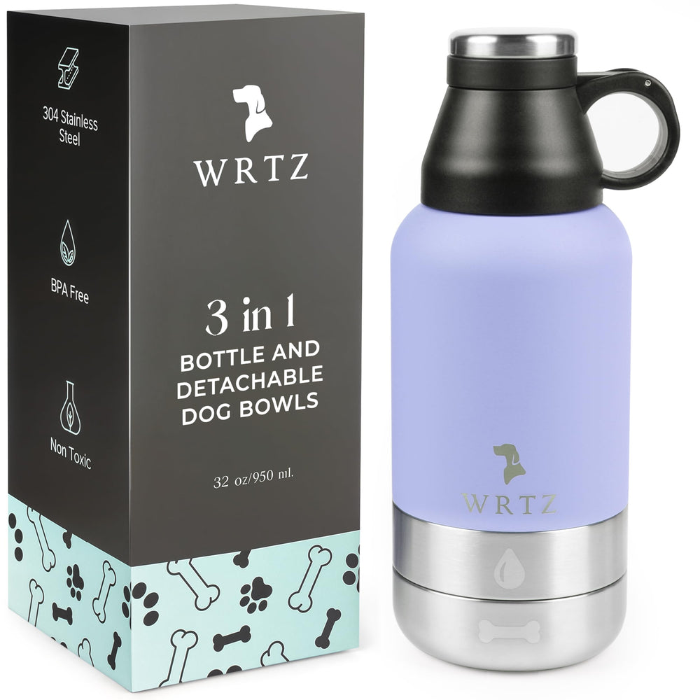 Bouteille d’eau WRTZ lavande avec 2 bols amovibles, idéale en balade.