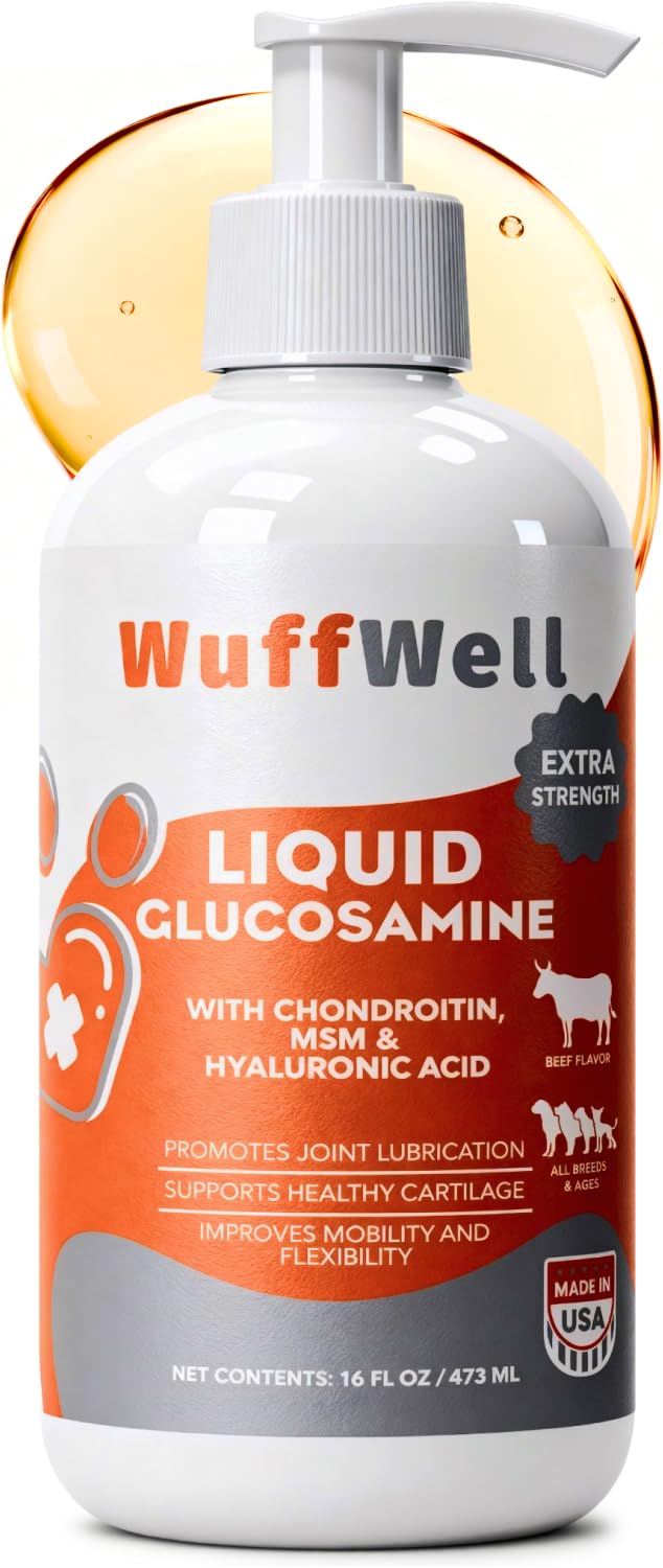 Flacon WuffWell glucosamine liquide avec pompe, dosage rapide pour chiens actifs.