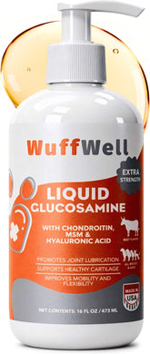 Flacon WuffWell glucosamine liquide avec pompe, dosage rapide pour chiens actifs.