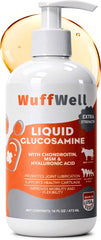 Flacon WuffWell glucosamine liquide avec pompe, dosage rapide pour chiens actifs.