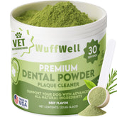 Poudre dentaire WuffWell pour chien avec probiotiques, haleine plus fraîche.