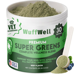 WuffWell Super Greens avec spiruline: énergie naturelle pour chiens actifs.