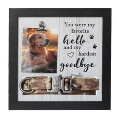 Cadre mémoire X-partner en bois rustique mettant en valeur le collier du chien, mémoire durable.