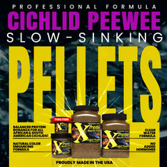 Pellets Peewee de Xtreme Aquatic Foods dans leur flacon, pratique et sans conservateurs.