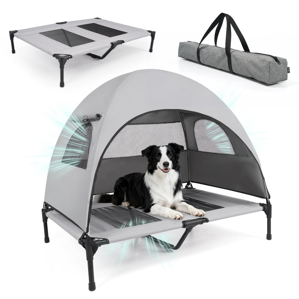 Lit chien XUVIRA surélevé avec canopée UV pour protection solaire lors des journées chaudes.