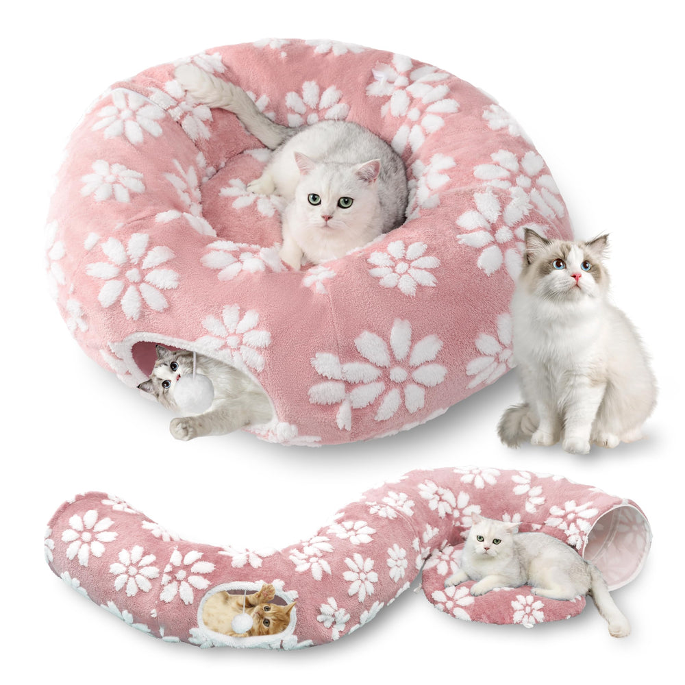 Tunnel Yaning pour chat avec balle pendante, espace rose pour jouer et se reposer.