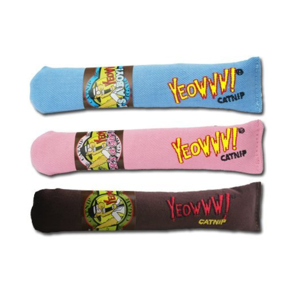 Cigares Yeowww! à herbe à chat, 7 pouces en trio, couleurs bleu-rose-vert pour divertir le chat.