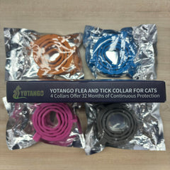 Quatre colliers colorés YOTANGO — ajustables pour chats de tailles variées.