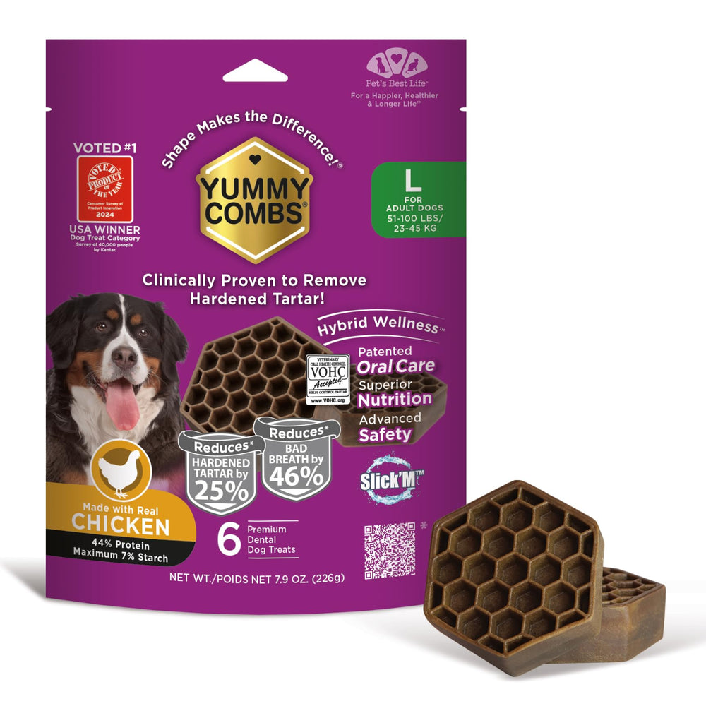 Boîte Yummy Combs montrant l emballage prêt à démarrer le soin dentaire pour chiens.