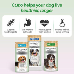 L’étiquette Longevity15 affiche les usages et conseils recommandés pour chiens.
