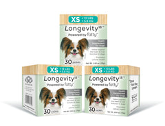 Flacon Longevity15 de Yummy Combs avec étiquette lisible pour le bien-être quotidien du chien.