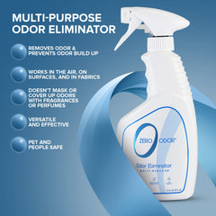 Zero Odor vaporisateur appliqué sur une surface, rafraîchissant l’air ambiant.