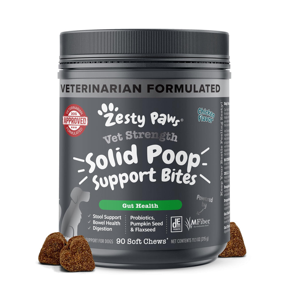 Zesty Paws Solid Poop Support Bites sur emballage, pratique et informatif.