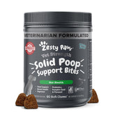 Zesty Paws Solid Poop Support Bites sur emballage, pratique et informatif.
