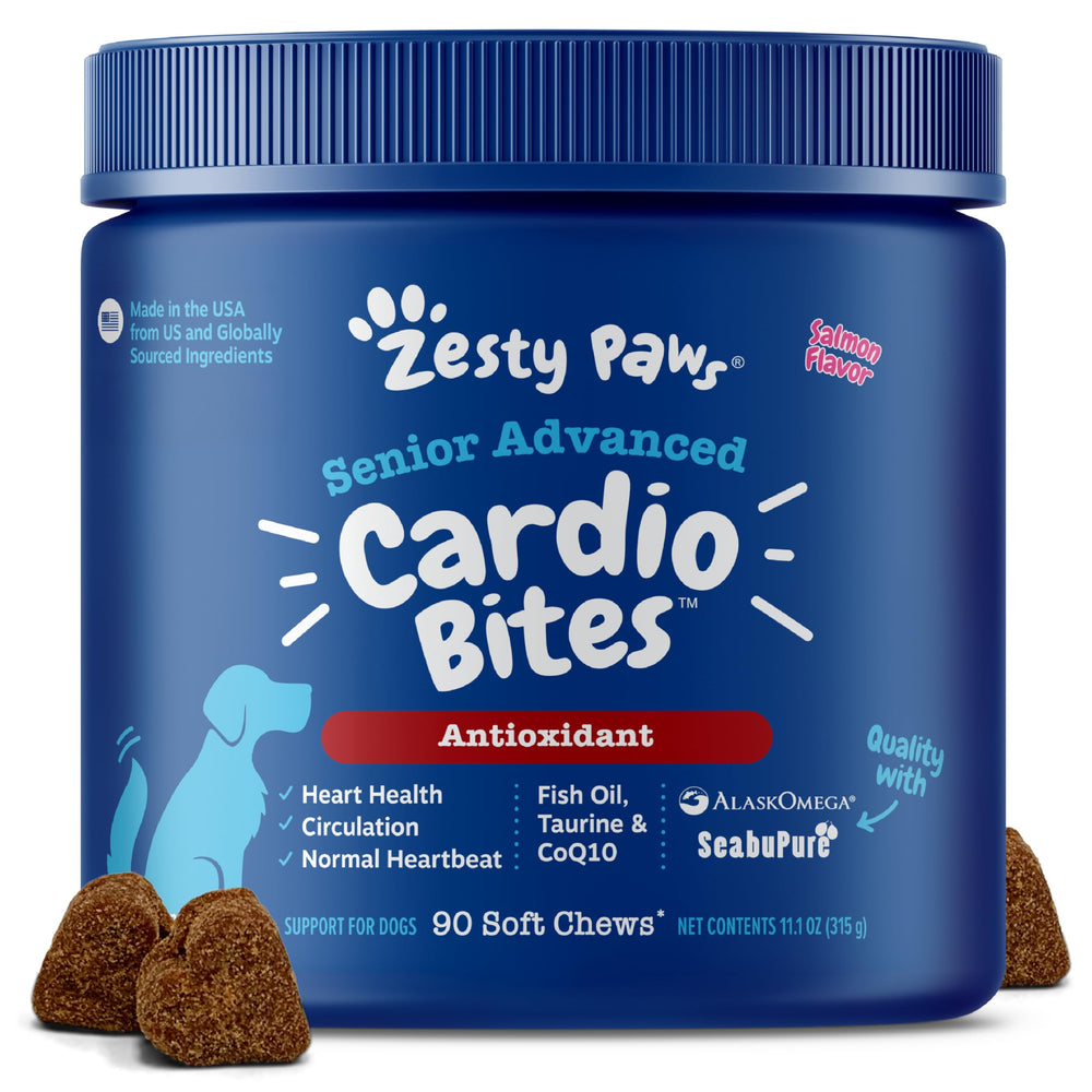 Boîte Zesty Paws Cardio Bites pour chiens seniors, soutien potentiel du cœur.