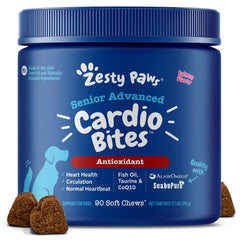 Boîte Zesty Paws Cardio Bites pour chiens seniors, soutien potentiel du cœur.