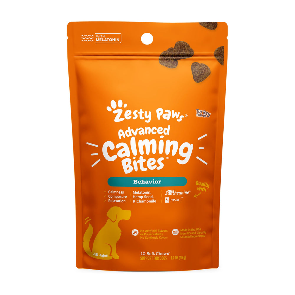 Bouteille de friandises apaisantes Zesty Paws pour chiens, calme et confort au quotidien.