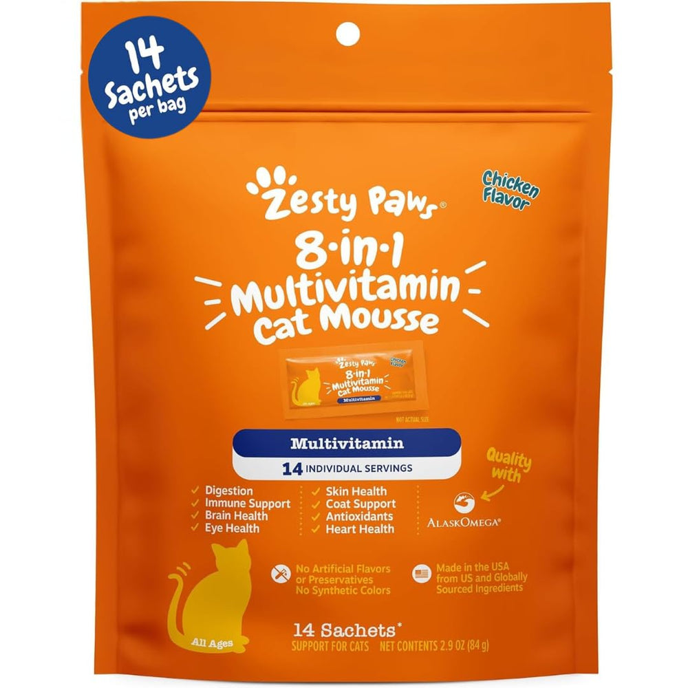 Zesty Paws Mousse 8-en-1 dans sa boîte, soutien polyvalent pour chat intérieur.