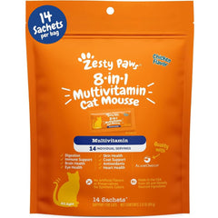 Zesty Paws Mousse 8-en-1 dans sa boîte, soutien polyvalent pour chat intérieur.