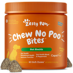 Zesty Paws No Poo Bites emballage – soutien digestif potentiel et utilisation facile.