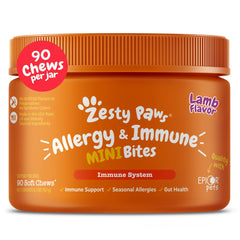 Bouchées Zesty Paws soulagement allergies sur emballage, pratique pour chiens mini.