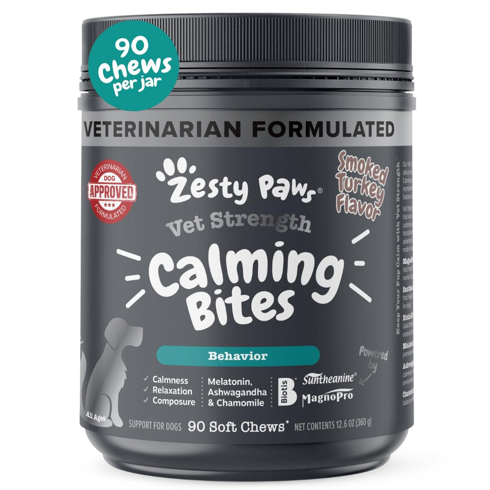Zesty Paws Vet Strength calmants sur emballage, pratique pour stockage et déplacements.