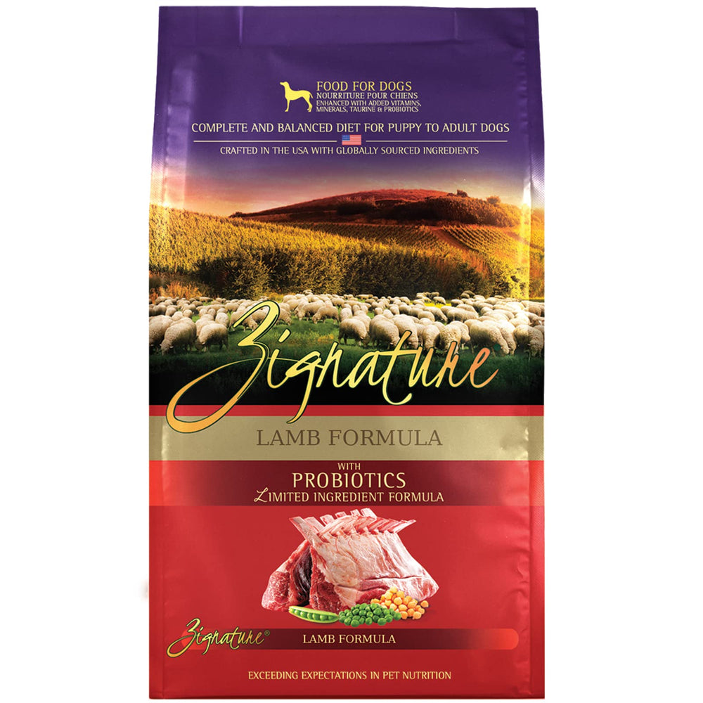 Zignature Agneau Formule Ingrédients Limités, emballage 4lb, pratique à stocker.