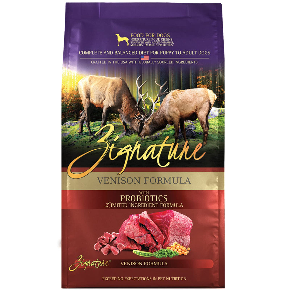 Croquettes Zignature Venison 4lb: formule complète pour chien actif et sensible.