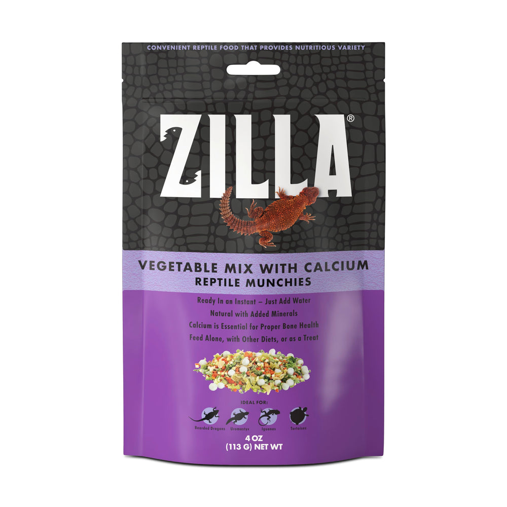 Zilla Munchies Légumes Calcium sur assiette, apport nutritionnel pratique pour reptiles herbivores.