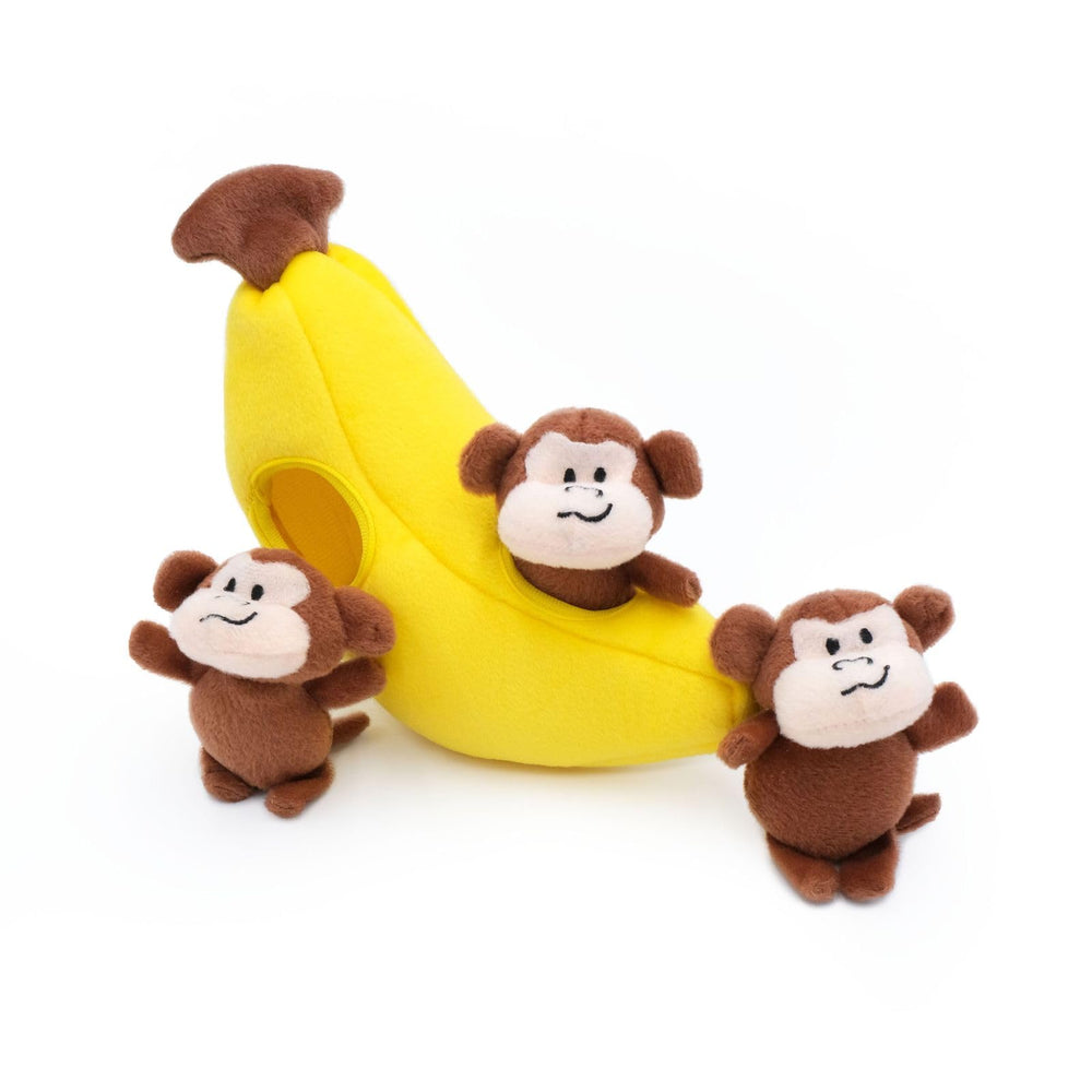 ZippyPaws Burrow banane et singe Miniz, stimule l’attention et l’amusement lors des jeux.