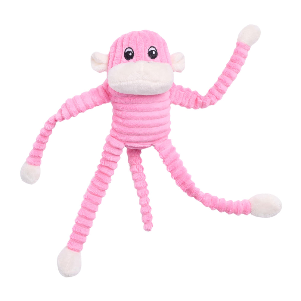 ZippyPaws Crinkle Monkey peluche rose, texture crissante pour stimulation pendant le jeu.