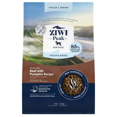 ZIWI Peak Steam & Dry Boeuf Citrouille: sac visible, nourriture riche en protéines.