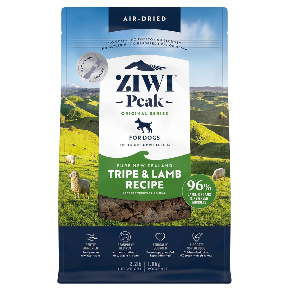 ZIWI Peak Tripe et Lamb: morceaux-secs riches en protéines pour chiens actifs.