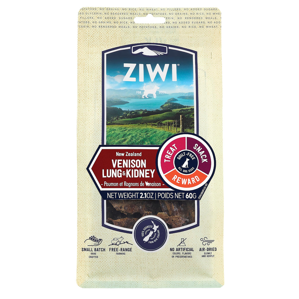 Friandises ZIWI poumons et rognons de cerf en paquet, récompense de valeur pour l'entraînement.
