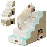 Escaliers ZOMISIA pour chats à cinq marches en beige facilitant l’accès au lit.