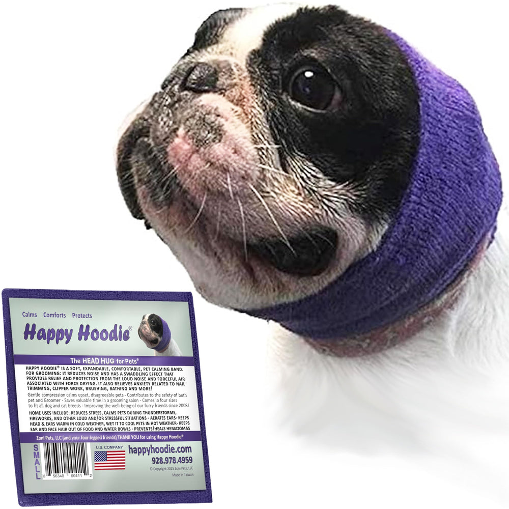 Happy Hoodie porté sur un chien violet, toilettage serein.