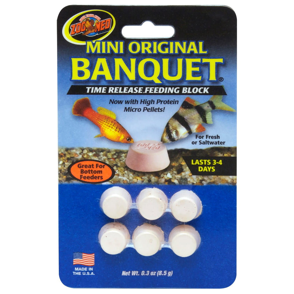 Zoo Med Banquet Block Mini – emballage pratique pour nourrir poissons d’aquarium jour après jour.