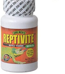 Zoo Med Reptivite flacon 2oz montrant l'étiquette, soutien nutritionnel potentiel pour reptiles.