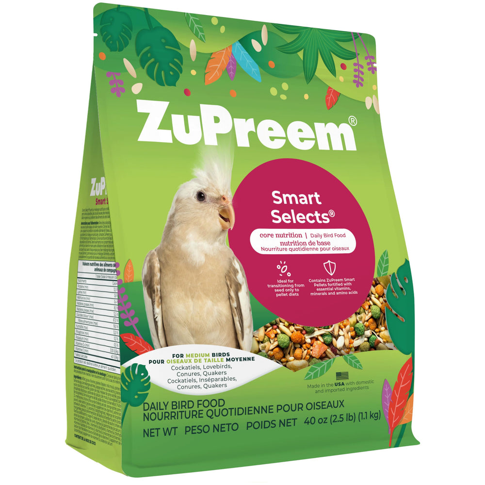 ZuPreem Smart Selects : mélange granulés et fruits favorisant une alimentation équilibrée.