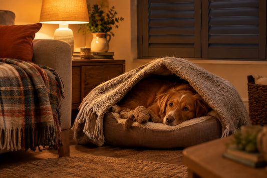 Chien couché sous une couverture dans un salon aux volets fermés, lumière douce d'une lampe