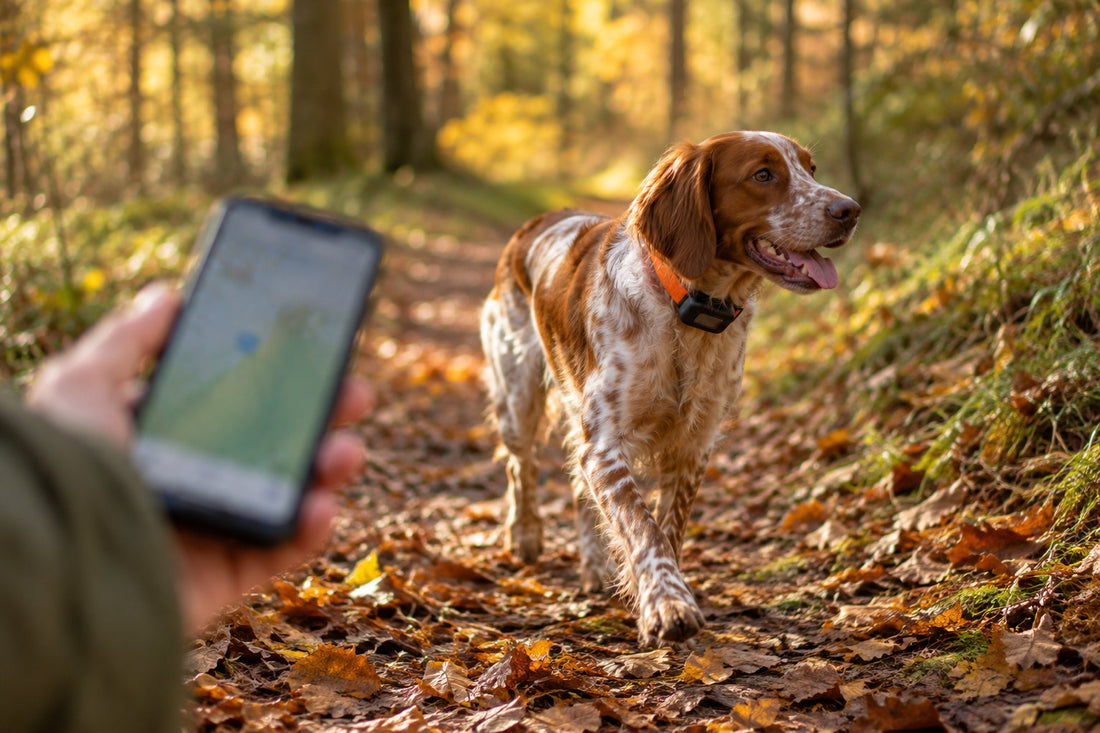 Chien de chasse en forêt d'automne portant un collier avec boîtier de localisation