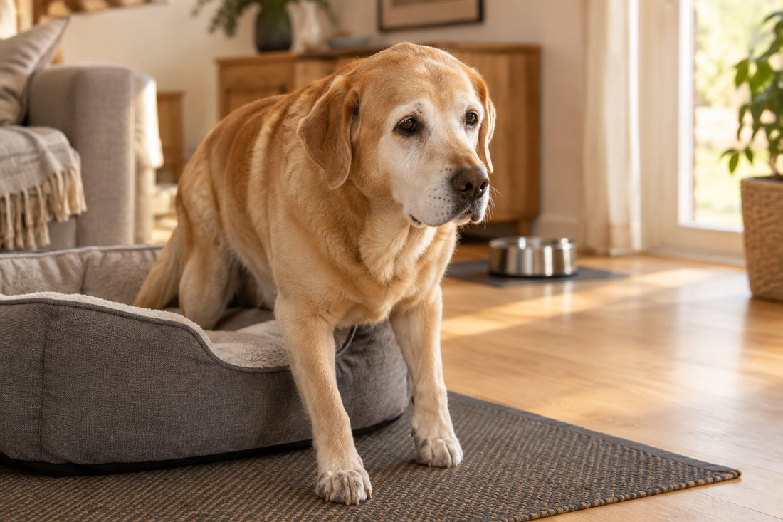 Labrador senior allongé sur un panier orthopédique dans un salon lumineux