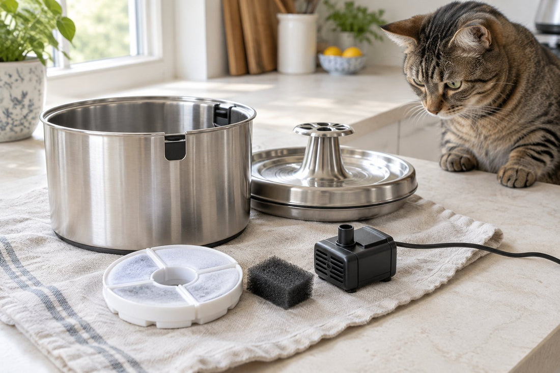 Fontaine à eau en inox démontée sur un plan de travail, filtre et pompe posés à côté