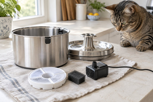 Fontaine à eau en inox démontée sur un plan de travail, filtre et pompe posés à côté