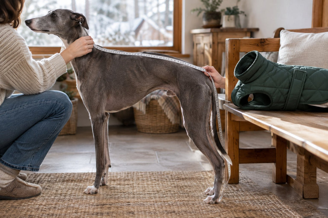 Personne mesurant le dos d'un whippet avec un mètre ruban de couturière dans une entrée