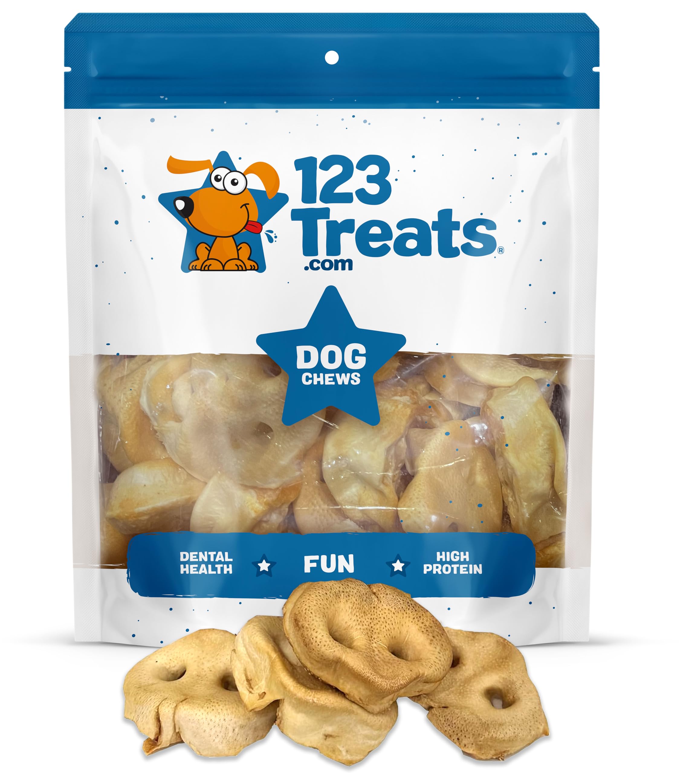 123 Treats museaux de porc pour chien, boîte ouverte, récompense naturelle.
