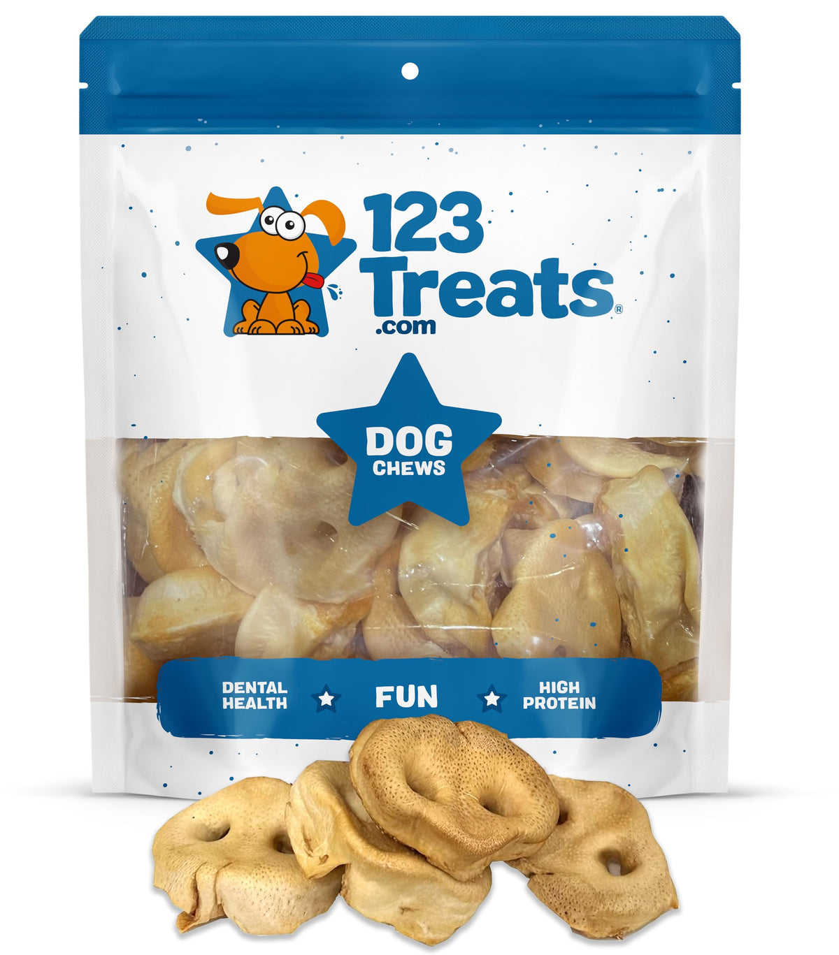 123 Treats museaux de porc pour chien, boîte ouverte, récompense naturelle.