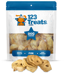 123 Treats museaux de porc pour chien, boîte ouverte, récompense naturelle.
